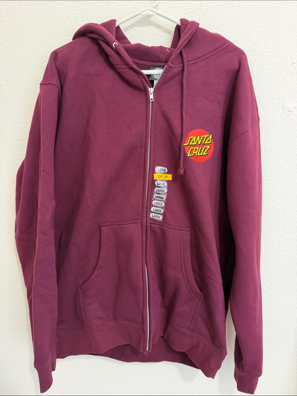 Santa Cruz Skateboards Burgundy Zip-Up Hoodie with Yellow Logo